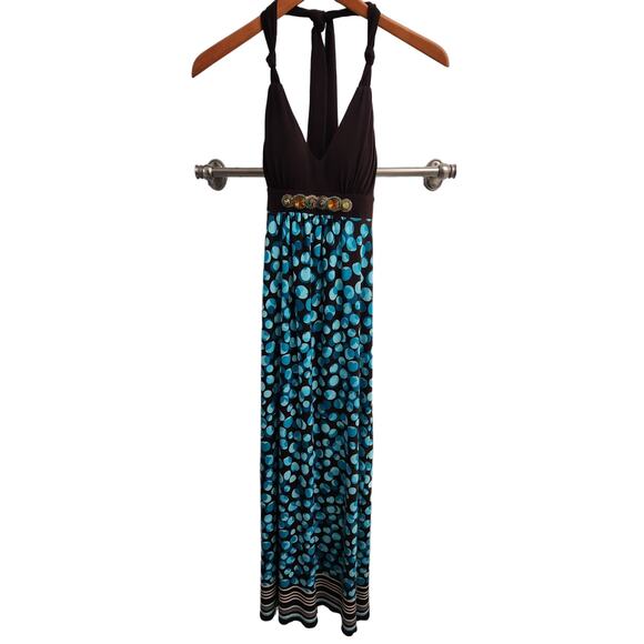 Mercer & Madison Brown and Blue Jeweled Vneck Halter Maxi Dress - Picture 1 of 7